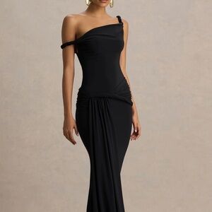 Club London Black Asymmetric-Neck Maxi Dress Twist Sleeves And Ruched Detailing